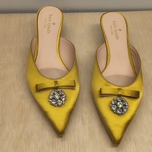 Kate Spade Darlene Yellow Satin Bow Jewel Pointed Toe Kitten Heel Mules Size 7M